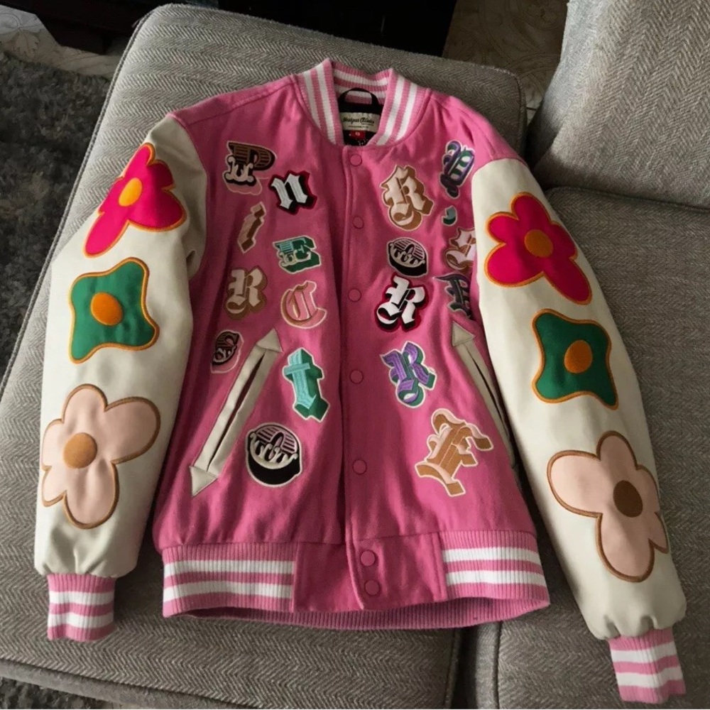 Pink Varsity Jacket with Colorful Patches